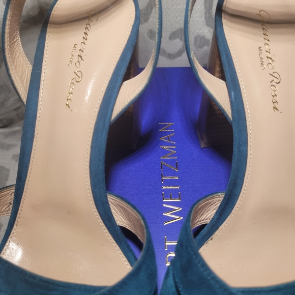 Gianvito Rossi Suede Crisscross Block Heel  Blue Teal Open Toe NEW - Picture 8 of 10